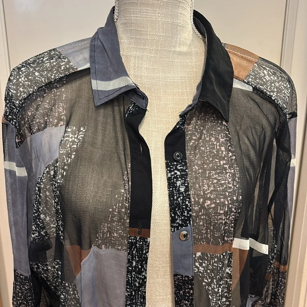 Lynn Ritchie Silver Mesh Sheer Duster Cardigan XL Geometric - Picture 4 of 6